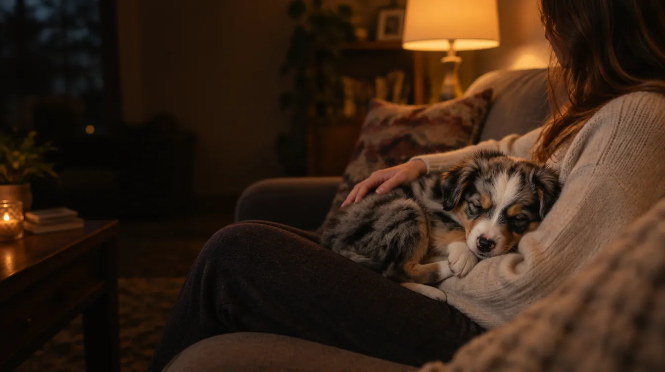 Australian Shepherd puppy asleep on its owner's lap