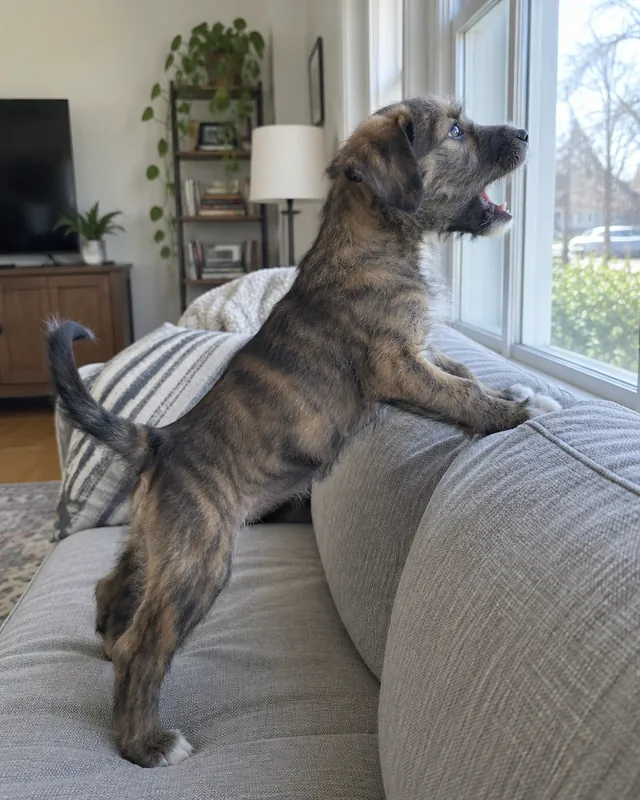 Mixed-breed puppy barking at the window