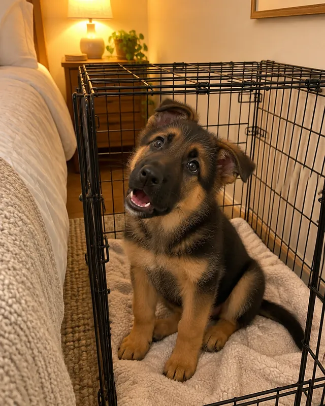 German Shepherd puppy in a crate at night