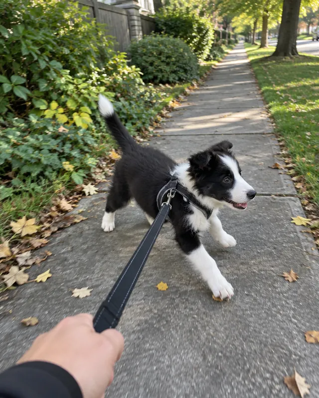 Border collie puppy pulling on the leash