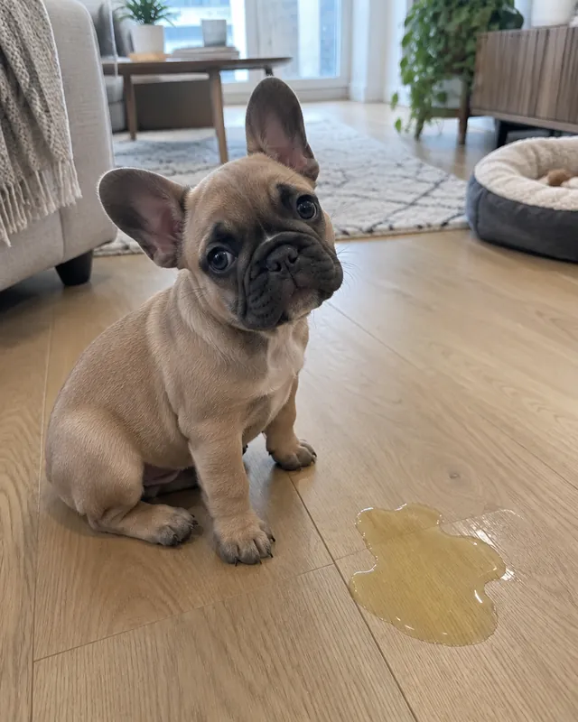French bulldog puppy next to a puddle