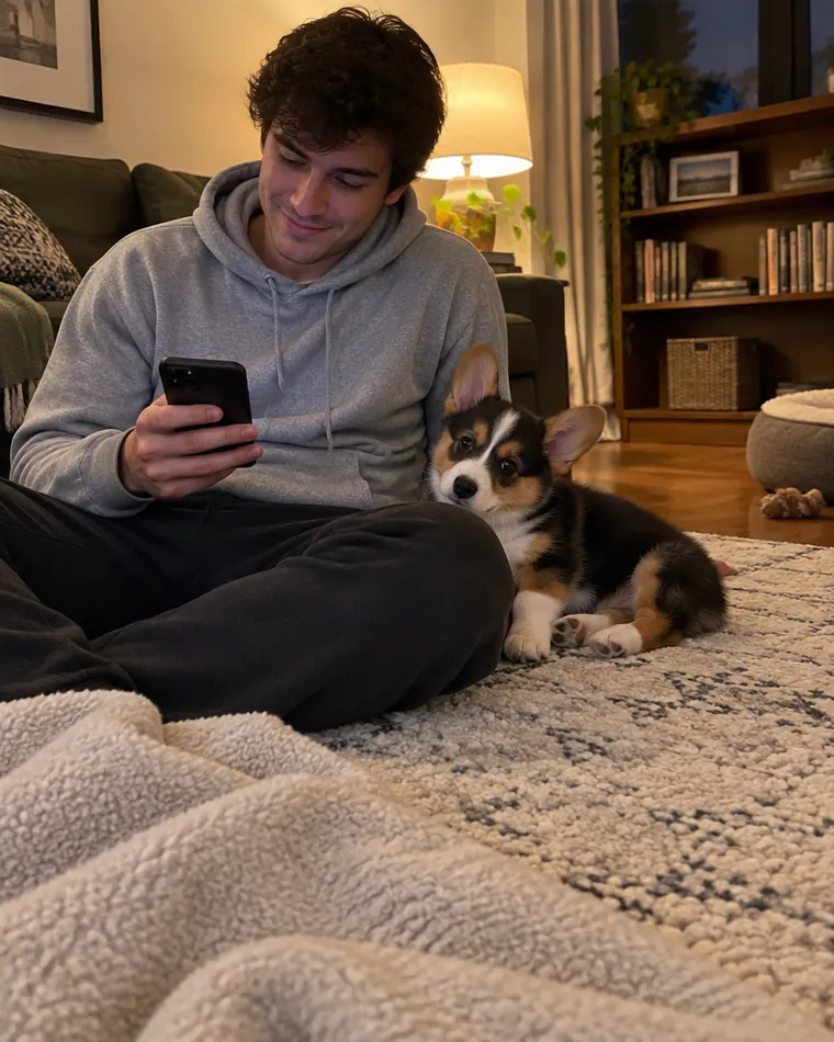 Owner on the floor with his corgi puppy