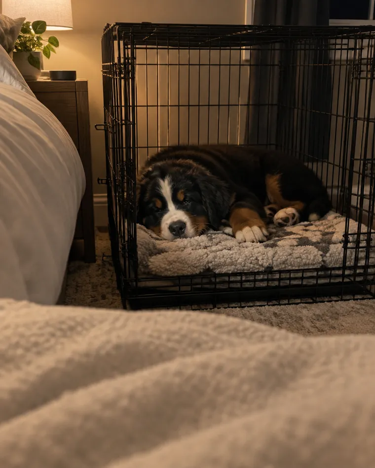 Bernese puppy settling in a crate